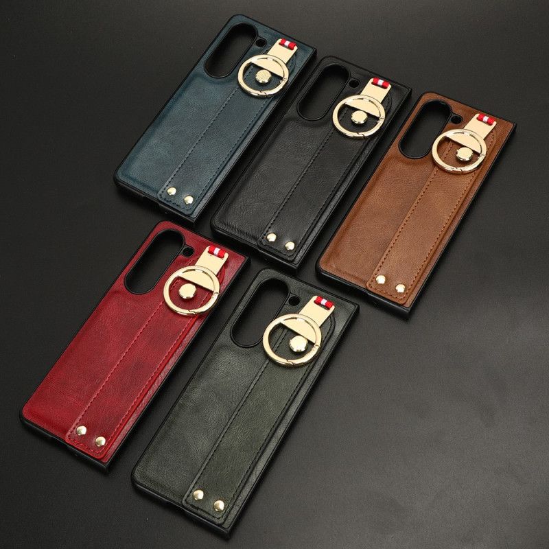 Kryt Samsung Galaxy Z Fold 5 Umělá Kůže S Prstenem A Popruhem Přes Rameno