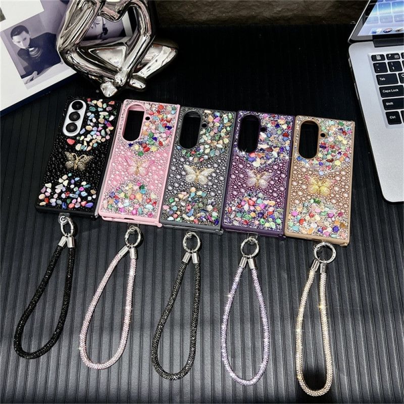 Kryt Samsung Galaxy Z Fold 7 Motýl S Kamínky A Popruhem