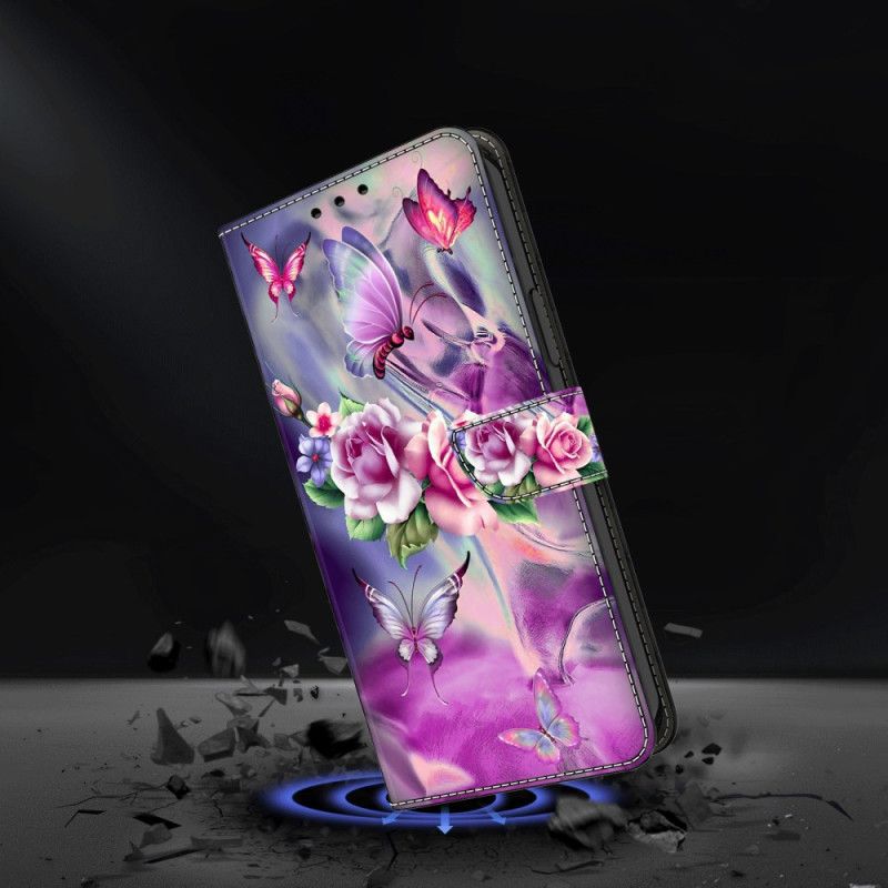 Peněženková Pouzdra Samsung Galaxy A15 Kryty Na Mobil Fialoví Motýli A Květiny