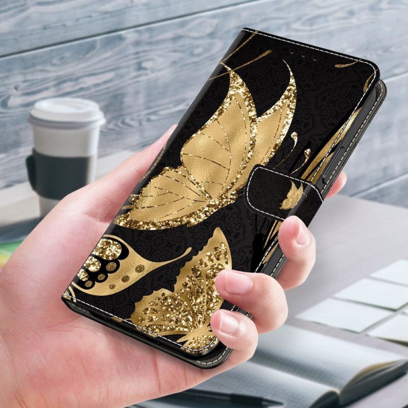Peněženková Pouzdra Samsung Galaxy S24 Ultra 5g Zlatý Motýl Na Černém Pozadí