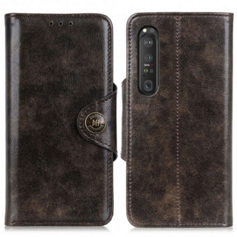 Kožené Pouzdro Na Sony Xperia 1 Iii Lakovaný Knoflík Z Umělé Kůže