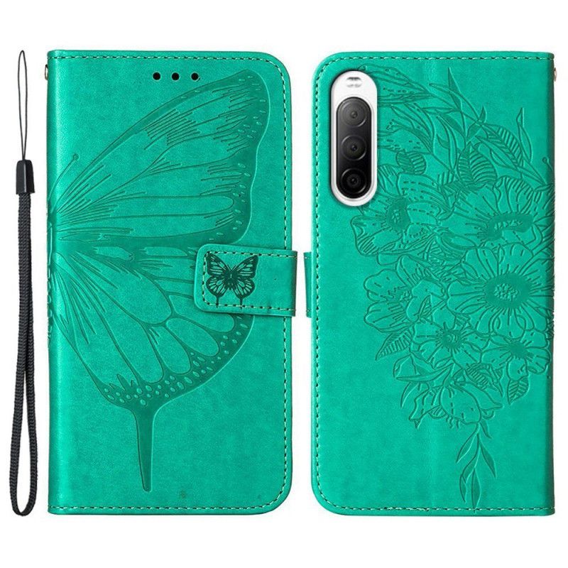 Kožené Pouzdro Na Sony Xperia 10 IV Motýl S Lanyardem