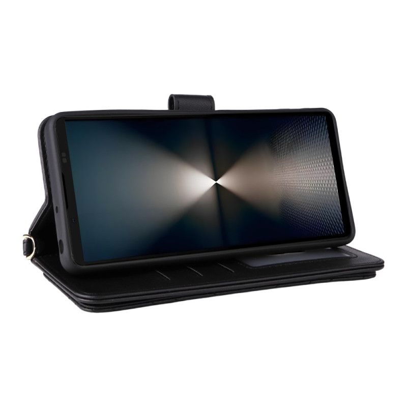 Kožený Kryt Na Sony Xperia 1 Vii Prošívané S Popruhem A Ramenním Popruhem