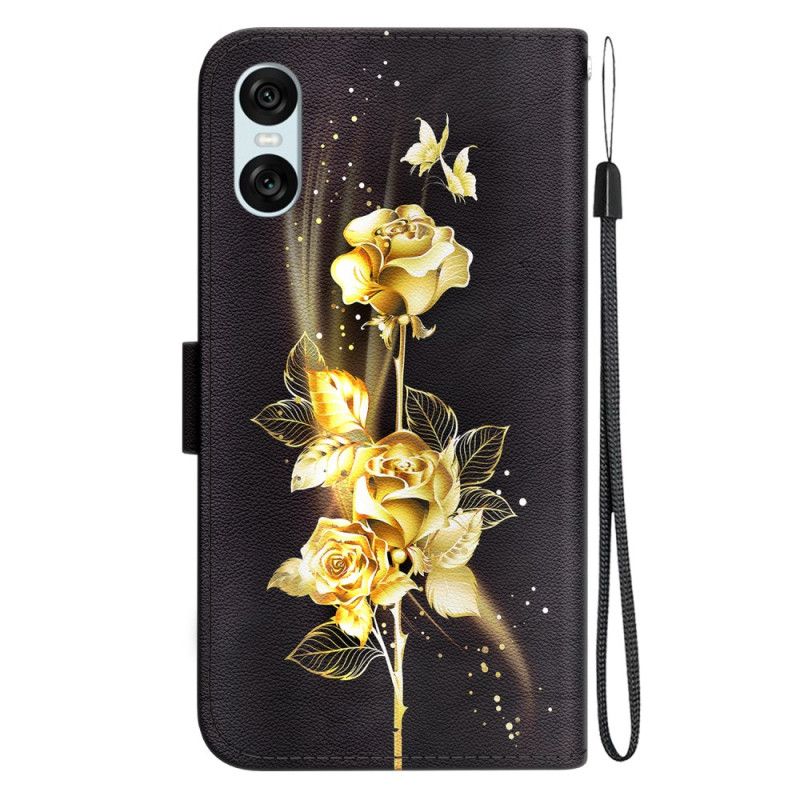 Kožený Kryt Na Sony Xperia 10 Vi Zlatí A Růžoví Motýli S Řemínkem