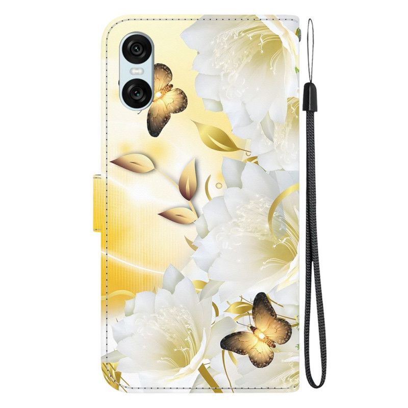Kožený Kryt Sony Xperia 10 Vi Zlatí Motýli A Bílé Květy S Popruhem