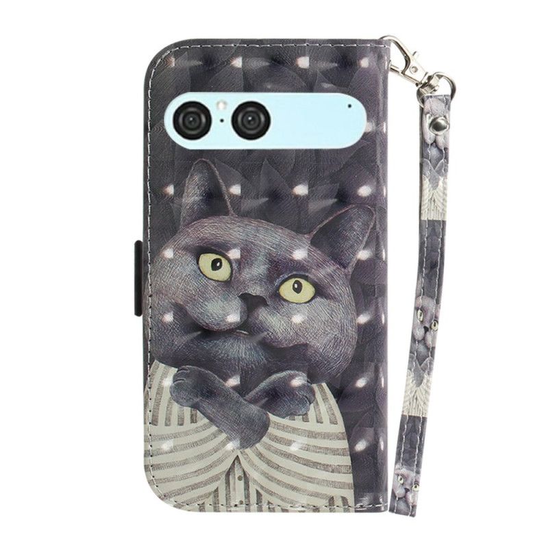 Kožený Kryt Sony Xperia 10 Vii Šňůrka Na Krk S Šedou Kočkou