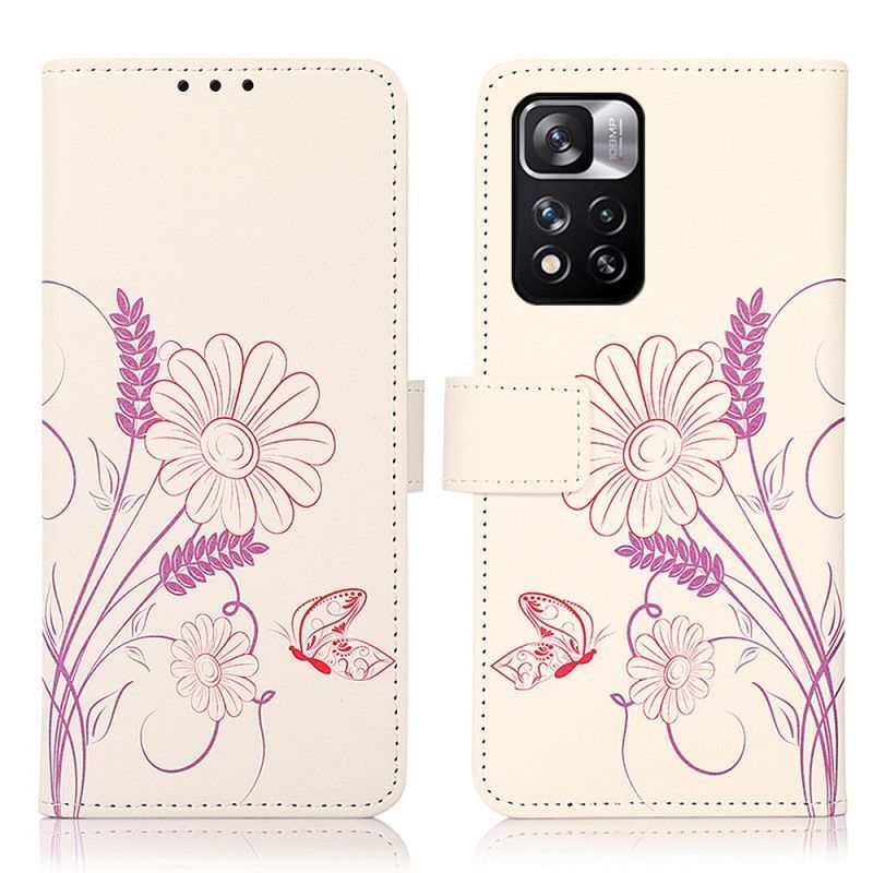 Kožené Pouzdro Xiaomi Redmi Note 11 Pro / Note 11 Pro Plus Kresba Motýlů A Květin