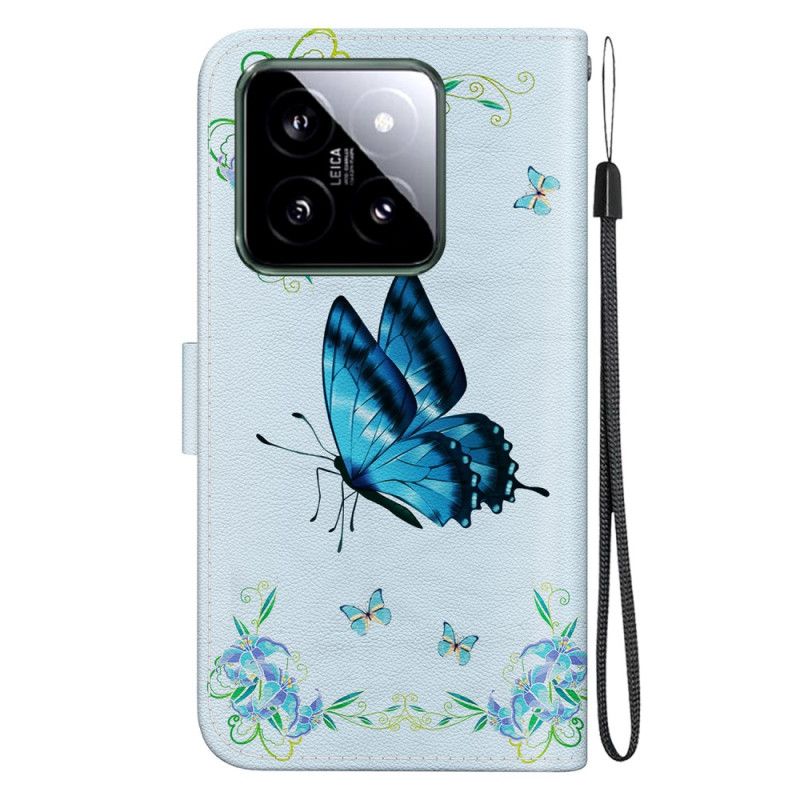 Kožený Kryt Na Xiaomi 14 Modrý Motýl A Květiny
