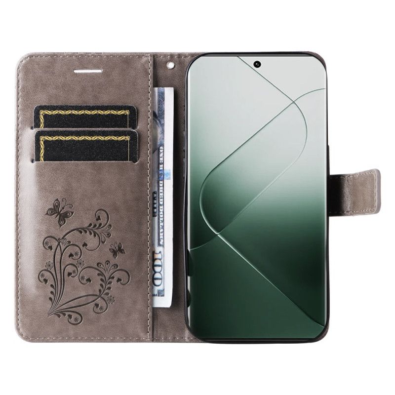Kožený Kryt Na Xiaomi 14 Pro Obří Motýli S Popruhem