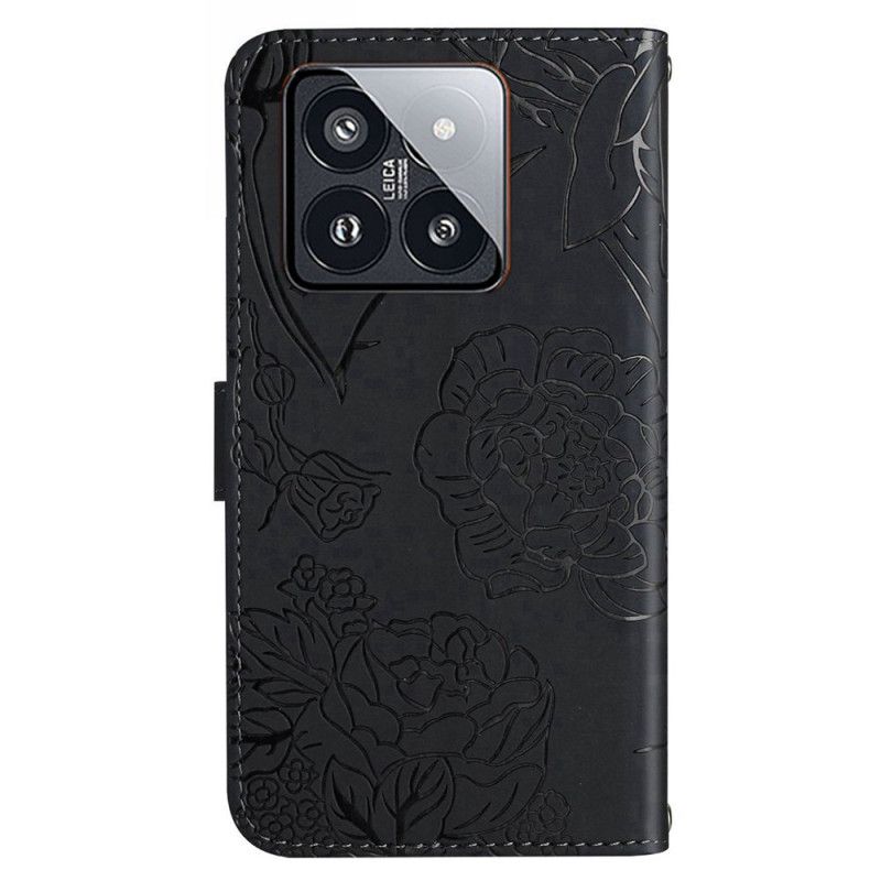 Kožený Kryt Na Xiaomi 14 Pro Potisk Motýlů S Páskem