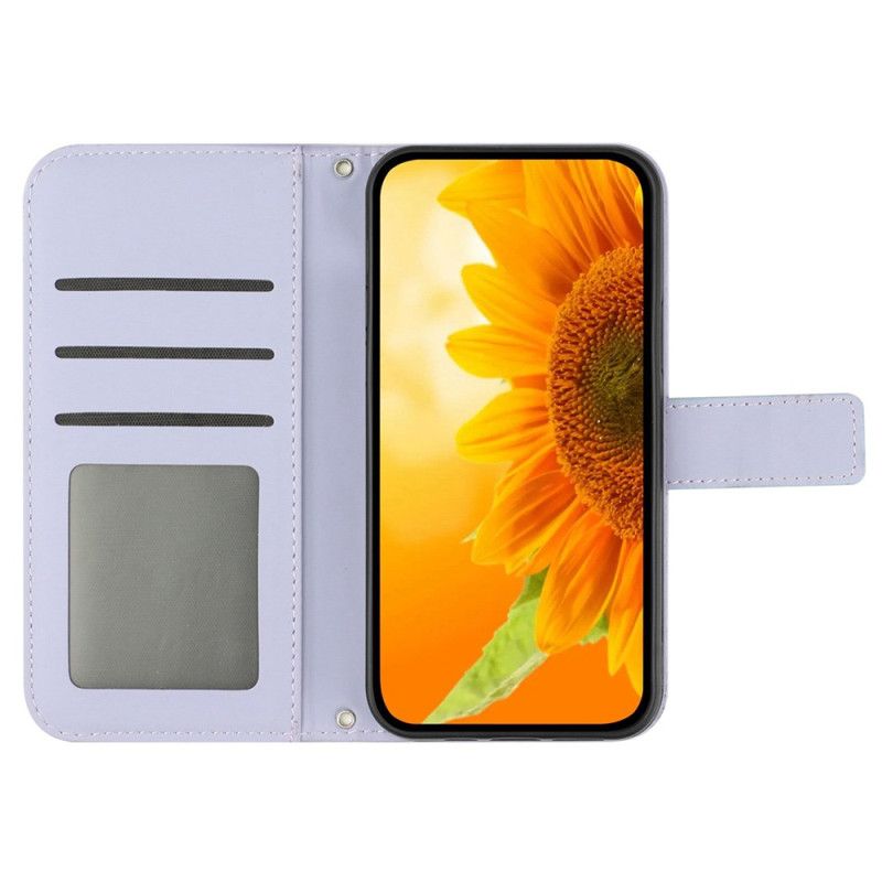 Kožený Kryt Na Xiaomi 14 Ultra Slunečnicový Vzor S Ramenním Popruhem