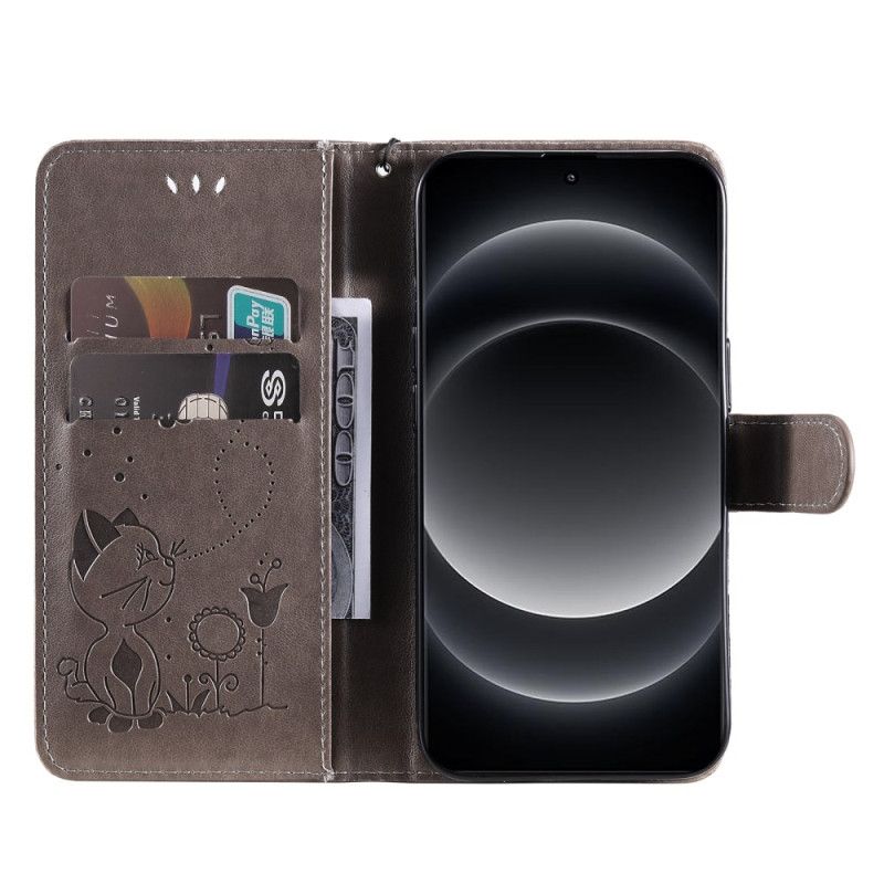 Kožený Kryt Na Xiaomi 14 Ultra Včely A Kočka S Popruhem