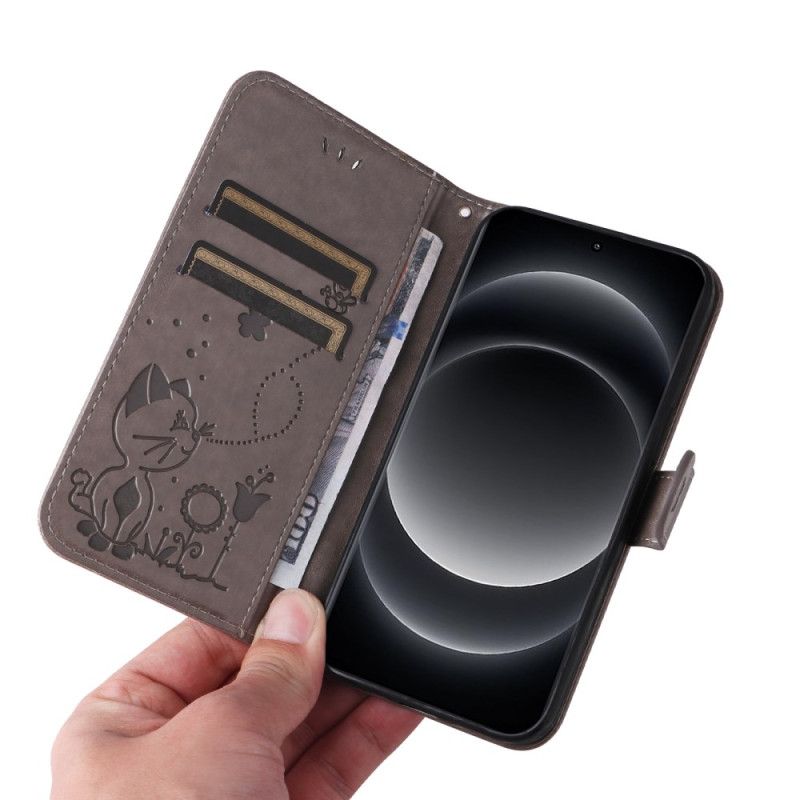 Kožený Kryt Na Xiaomi 14 Ultra Včely A Kočka S Popruhem