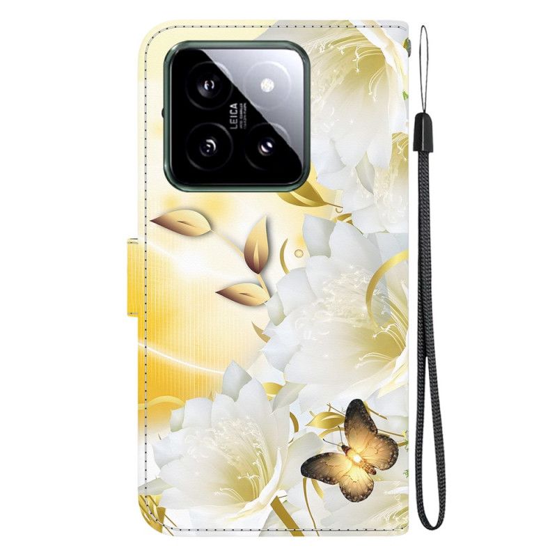 Kožený Kryt Na Xiaomi 14 Zlatí Motýli A Bílé Květy S Popruhem