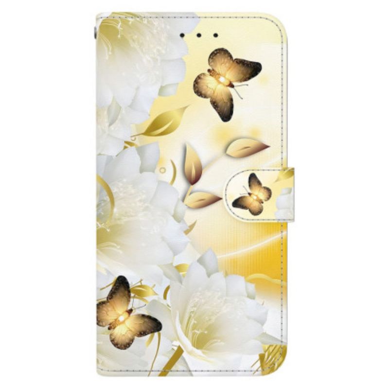Kožený Kryt Na Xiaomi 14t Vzor Zlatých Motýlů