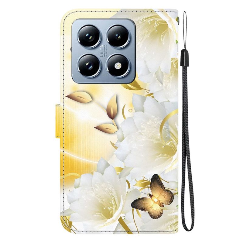 Kožený Kryt Na Xiaomi 14t Vzor Zlatých Motýlů