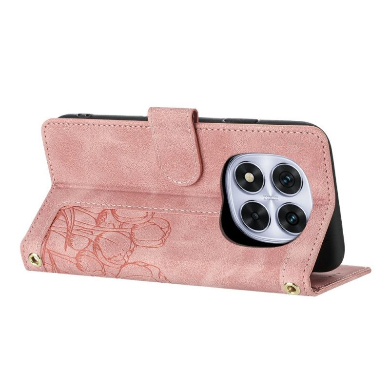 Kožený Kryt Na Xiaomi Redmi Note 14 Pro 4g Květinový Vzor S Páskem