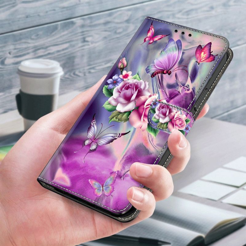 Kožený Kryt Xiaomi 14 Pro Fialoví Motýli A Květiny