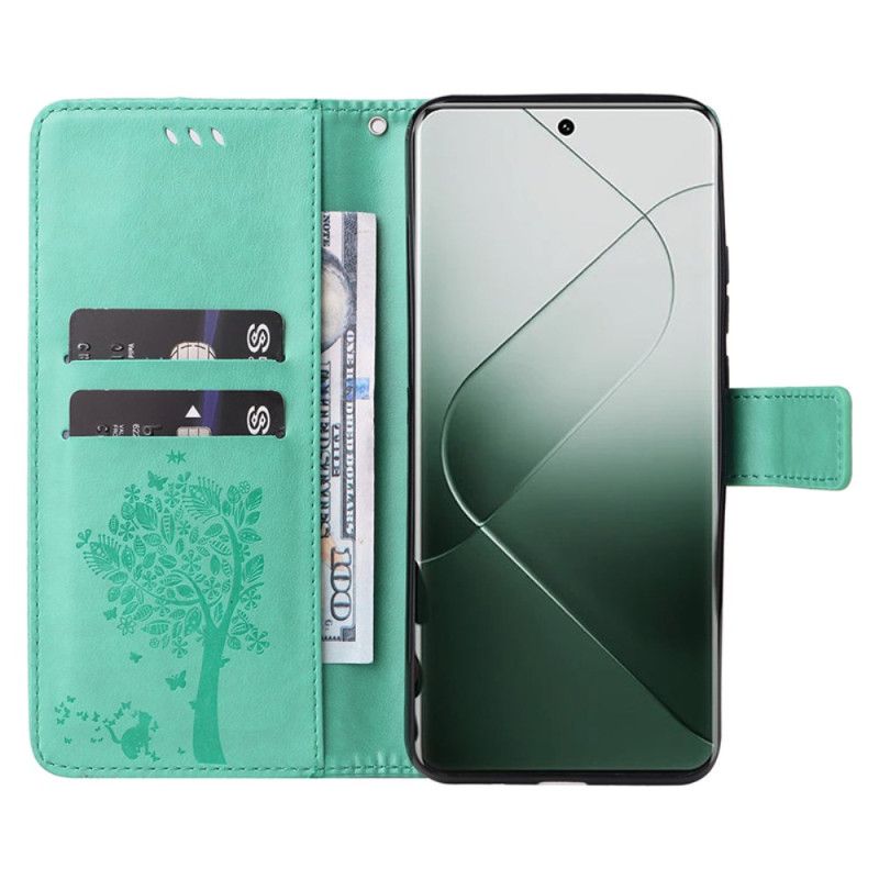 Kožený Kryt Xiaomi 14 Pro Strom Kočky A Lanka