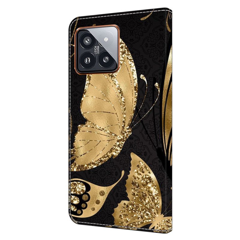 Kožený Kryt Xiaomi 14 Pro Zlatý Motýl