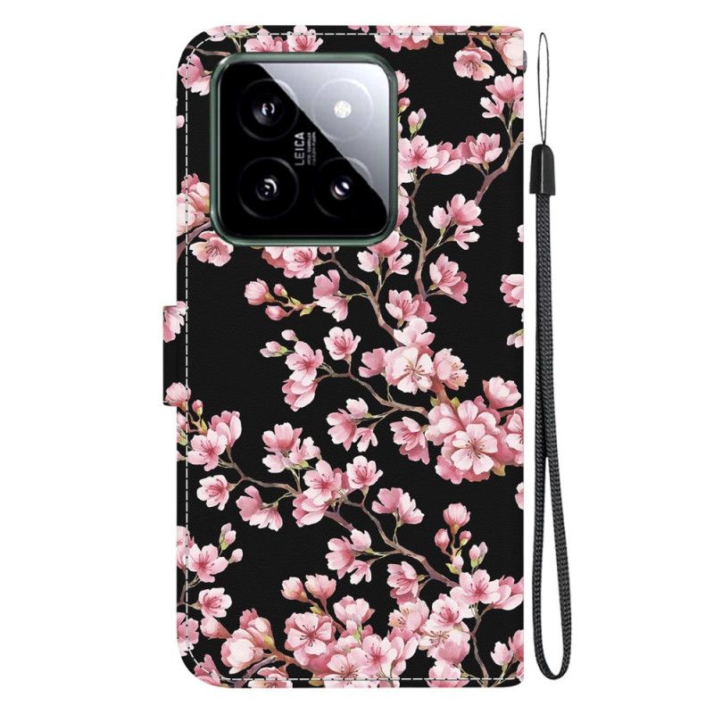 Kožený Kryt Xiaomi 14 Švestkové Květy S Řemínky