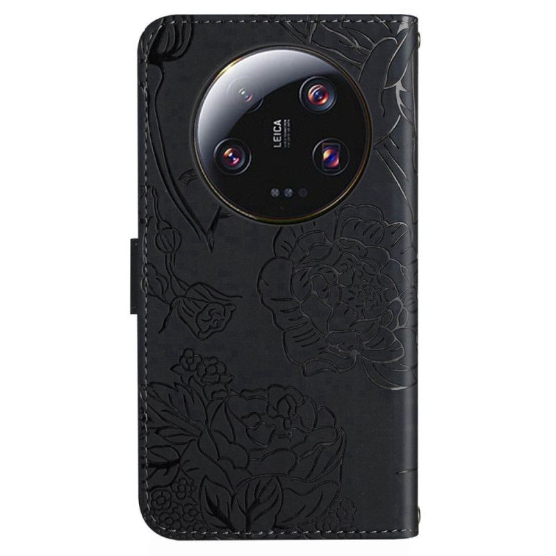 Kožený Kryt Xiaomi 14 Ultra Vzor Motýla S Páskem