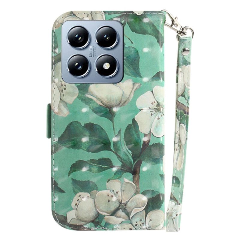 Kožený Kryt Xiaomi 14t Pro Akvarelové Květiny S Popruhem