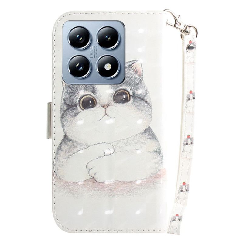 Kožený Kryt Xiaomi 14t Pro Roztomilá Kočka S Popruhem