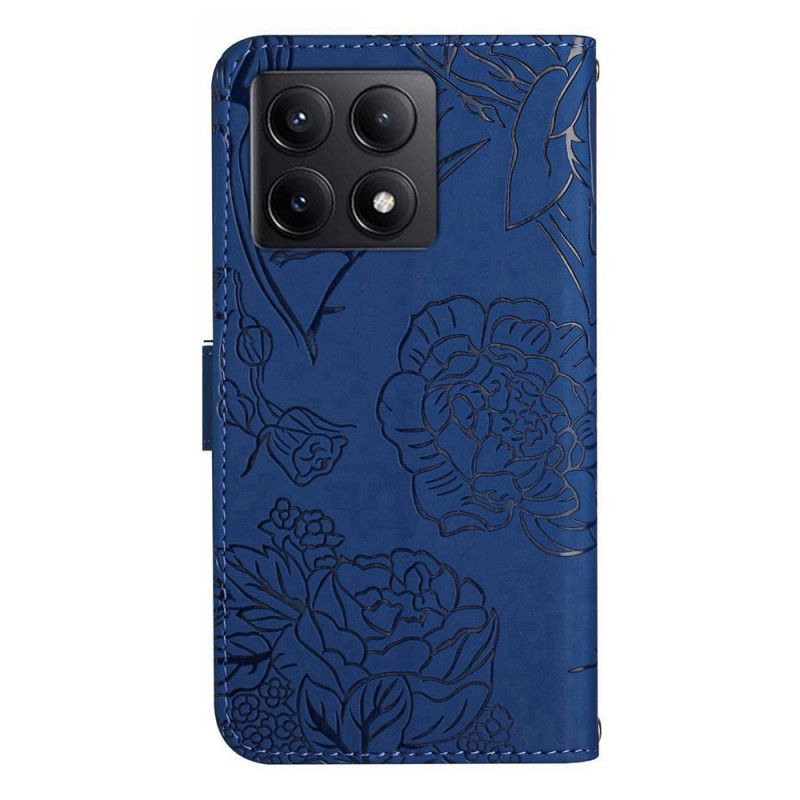 Kožený Kryt Xiaomi 14t Pro Vzor Motýlů A Květin S Popruhem