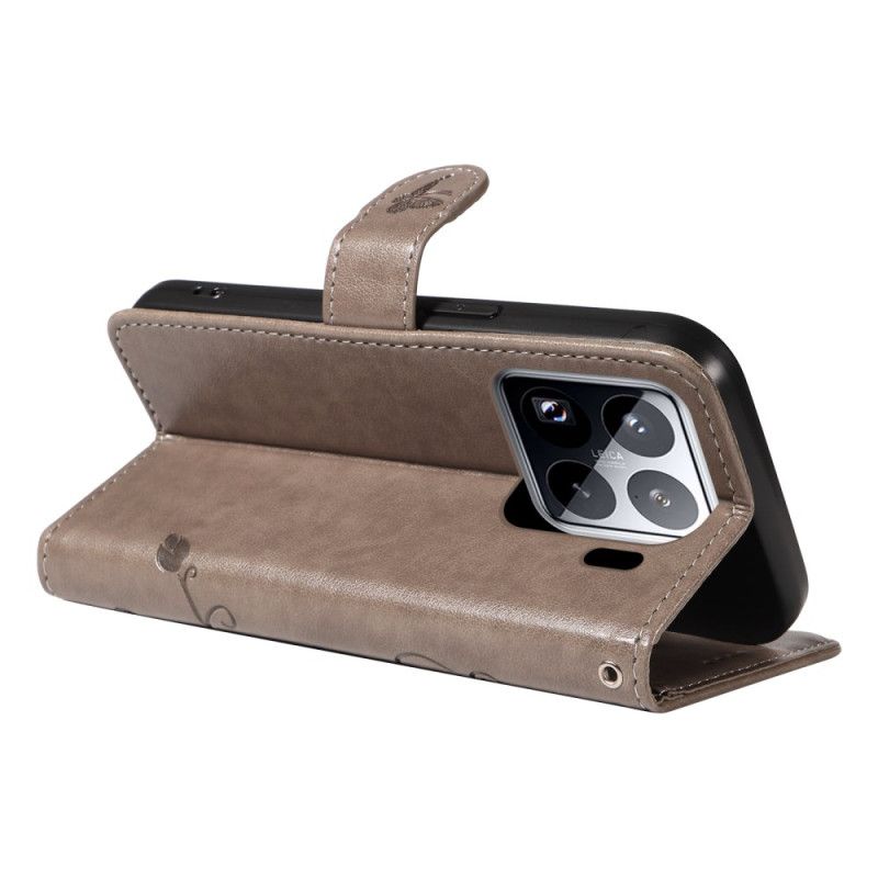 Kožený Kryt Xiaomi 15 Pro Květinový A Motýlí Vzor