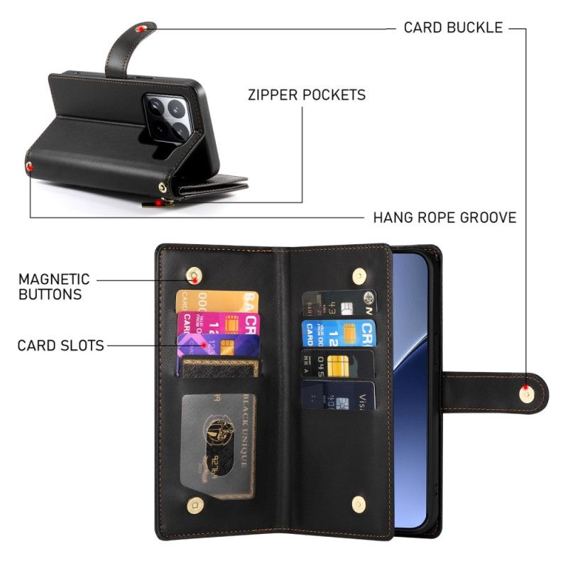 Kožený Kryt Xiaomi 15 Pro Peněženka S Popruhem A Ramenním Popruhem