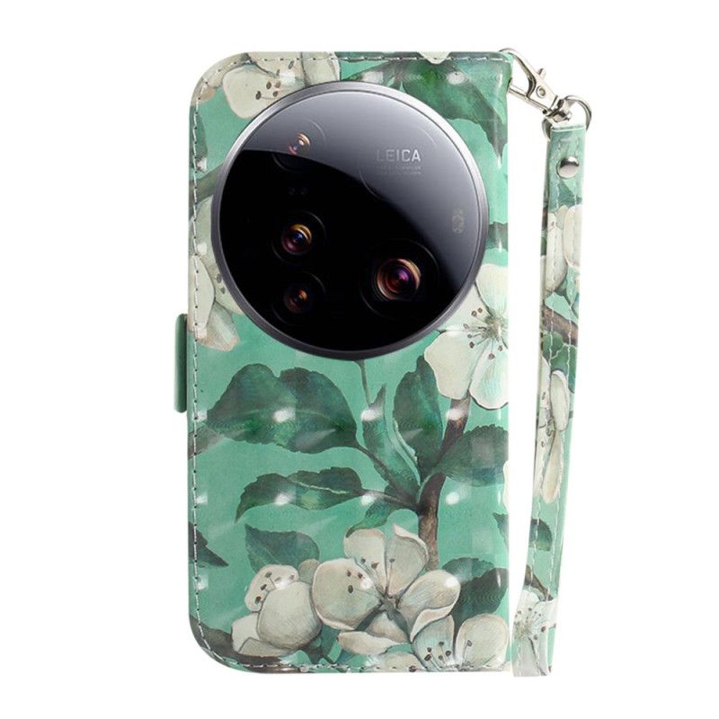 Kožený Kryt Xiaomi 15 Ultra Bílé Květiny Se Šňůrkou