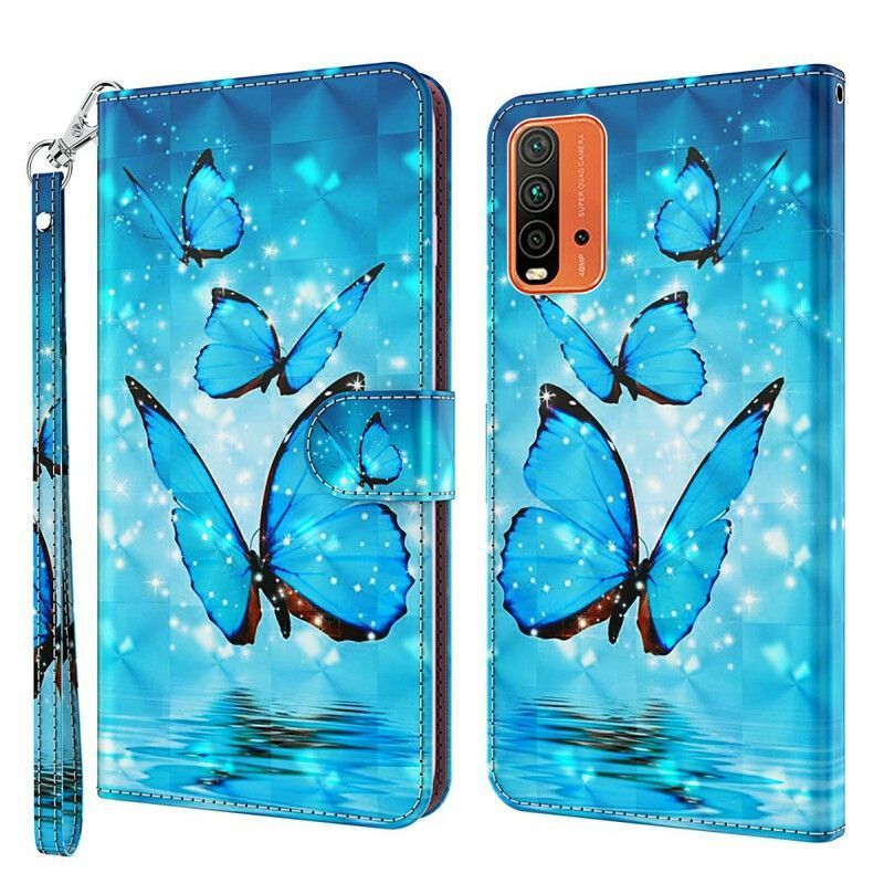 Kožený Kryt Xiaomi Redmi 9t Létající Modří Motýli