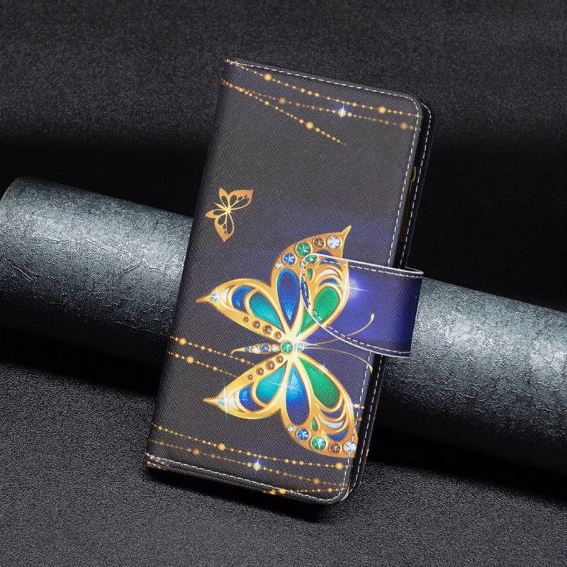Kožený Kryt Xiaomi Redmi Note 13 5g Štrasová Peněženka Butterfly S Popruhem