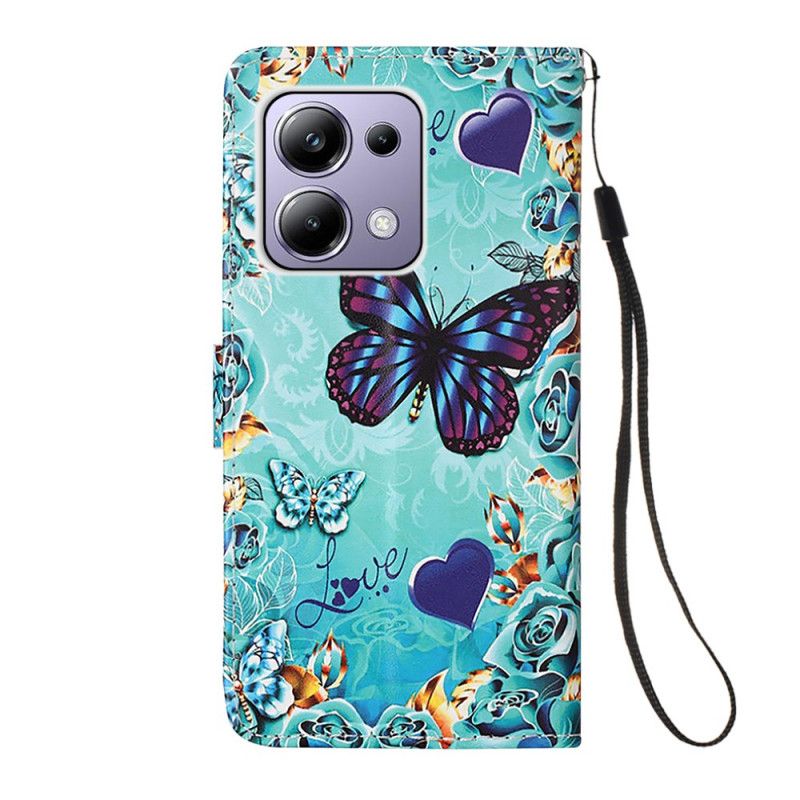 Kožený Kryt Xiaomi Redmi Note 13 Pro 4g Motýli A Srdce S Popruhem