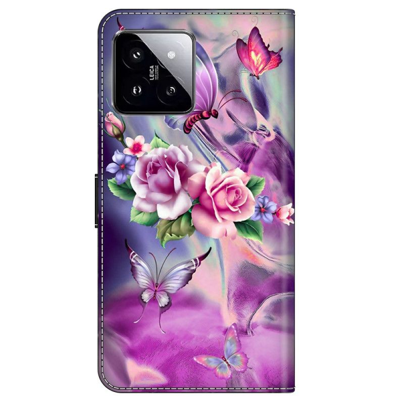 Peněženková Pouzdra Xiaomi 14 Fialoví Motýli A Květiny